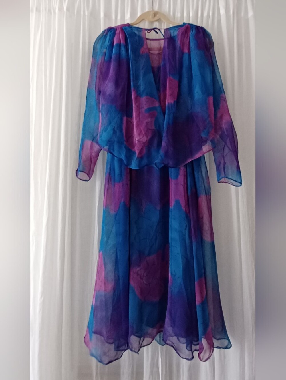 Vintage 80s Blue and Purple Chiffon Dress With A Cape!